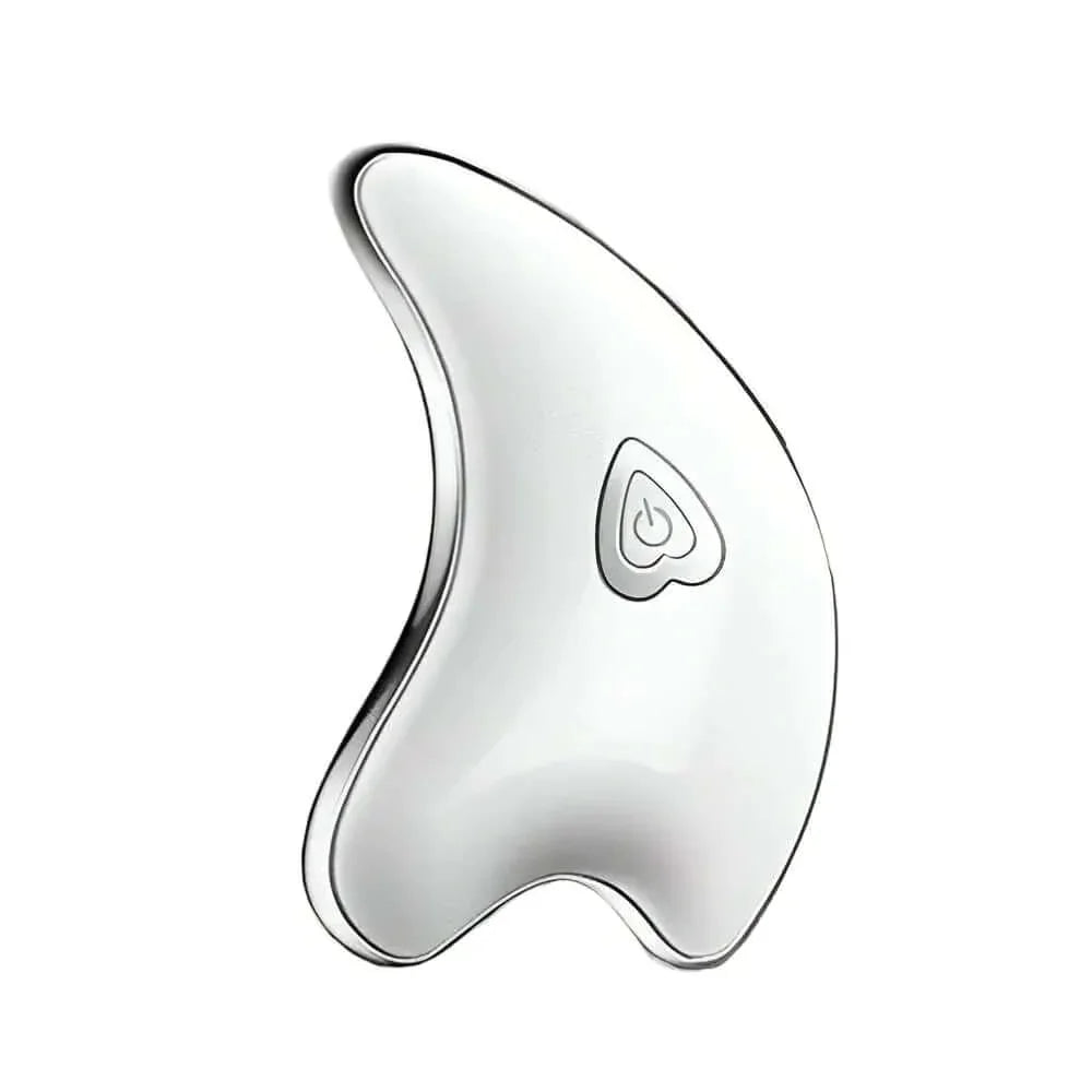 White facial massage tool with curved design and power button, skincare device