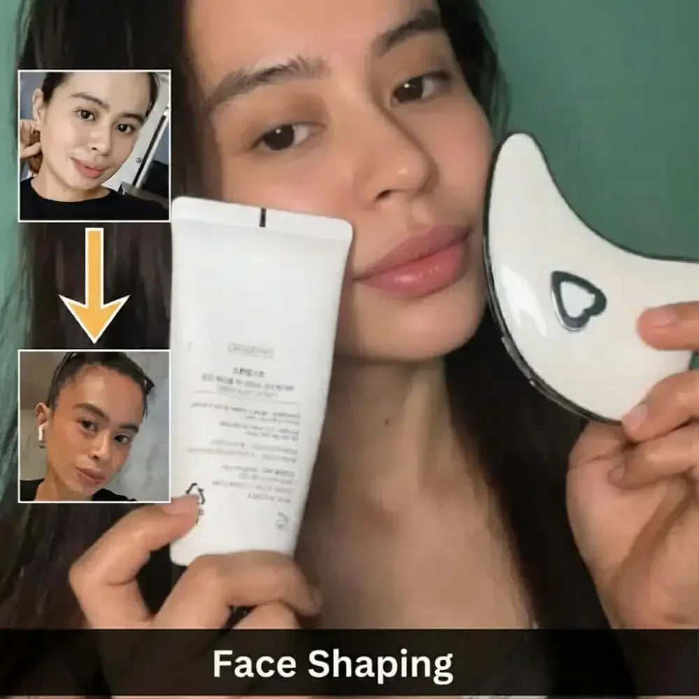 Woman holding skincare cream and face shaping tool, before and after facial results