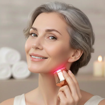 Smiling woman using a facial LED light therapy device for skin care at home