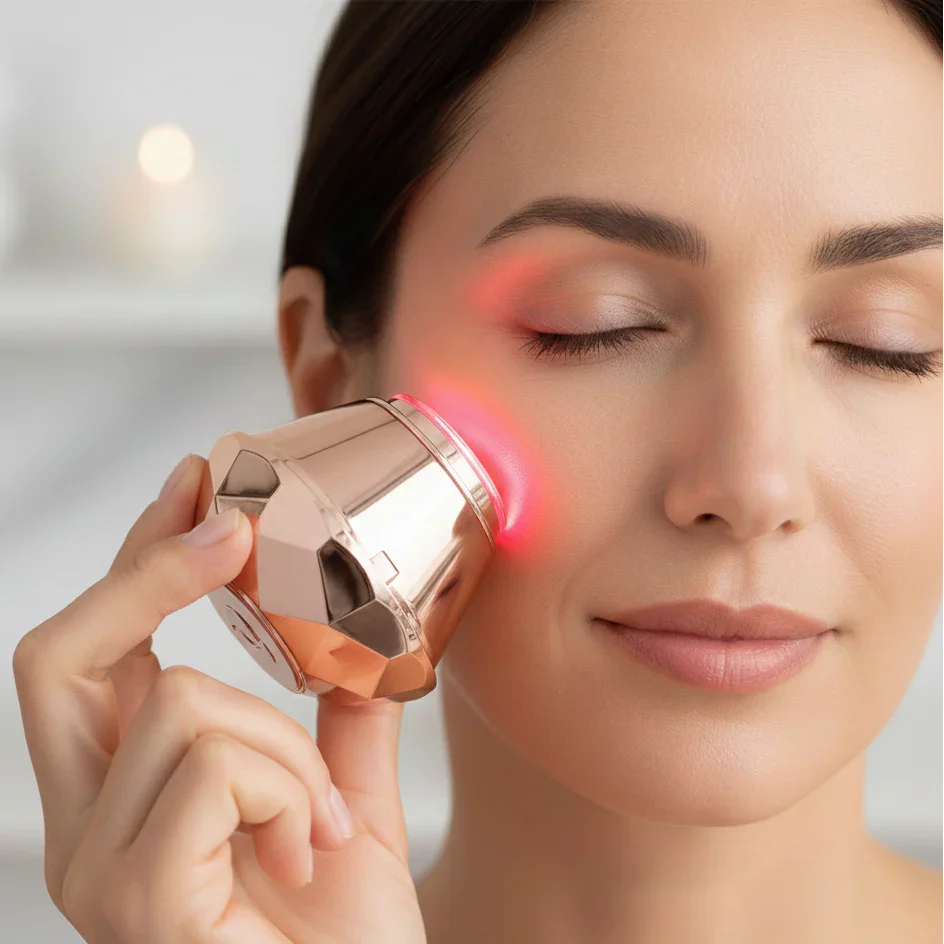 Woman using rose gold LED facial device for skincare treatment at home