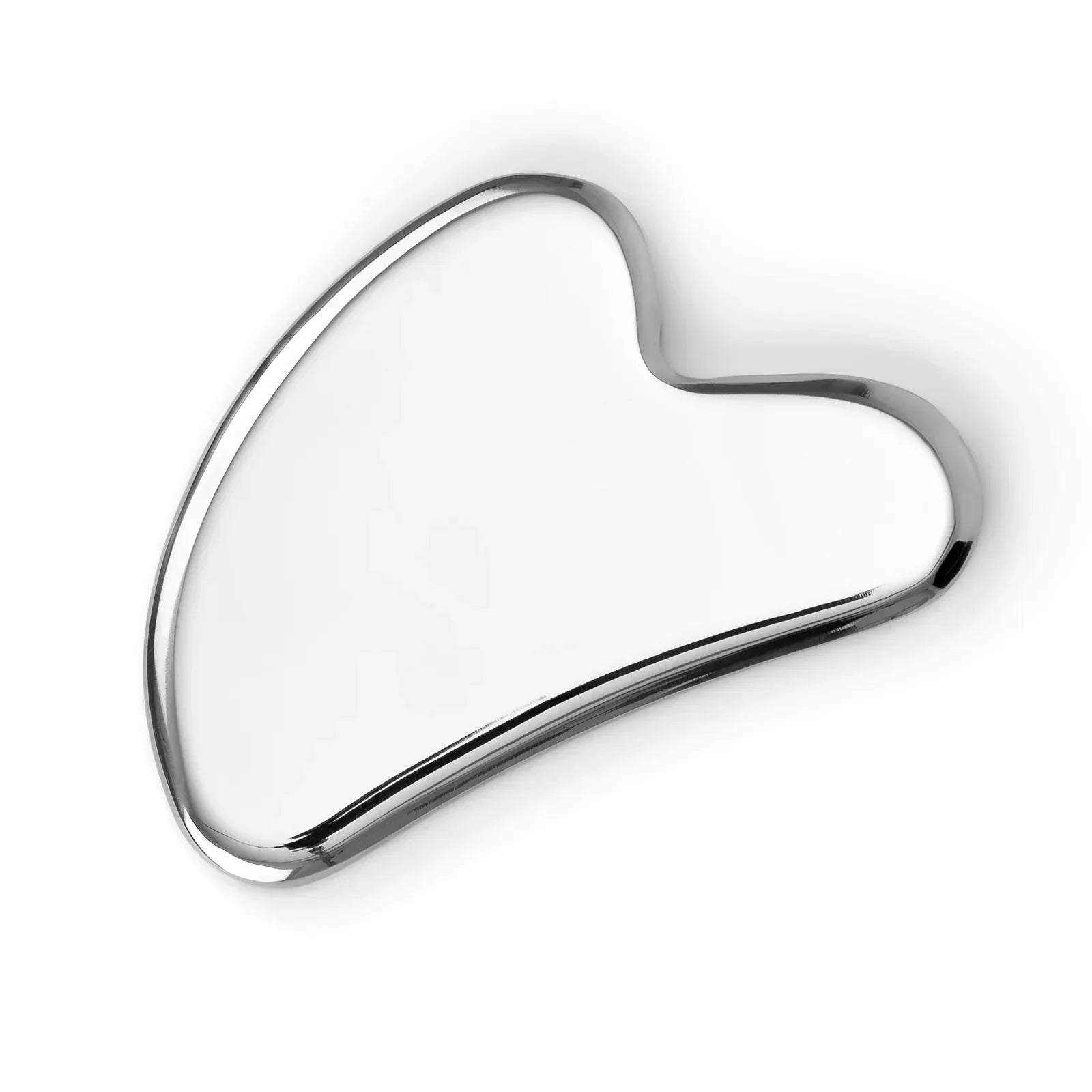 Stainless steel gua sha facial massage tool on white background