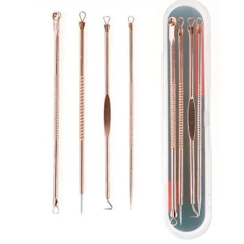 Rose gold blackhead remover tool kit with five extraction tools and carrying case