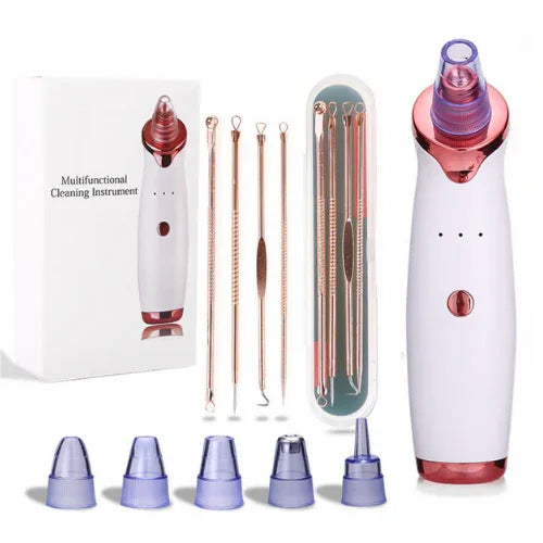 Electric blackhead remover vacuum kit with multiple tips and stainless steel extractors