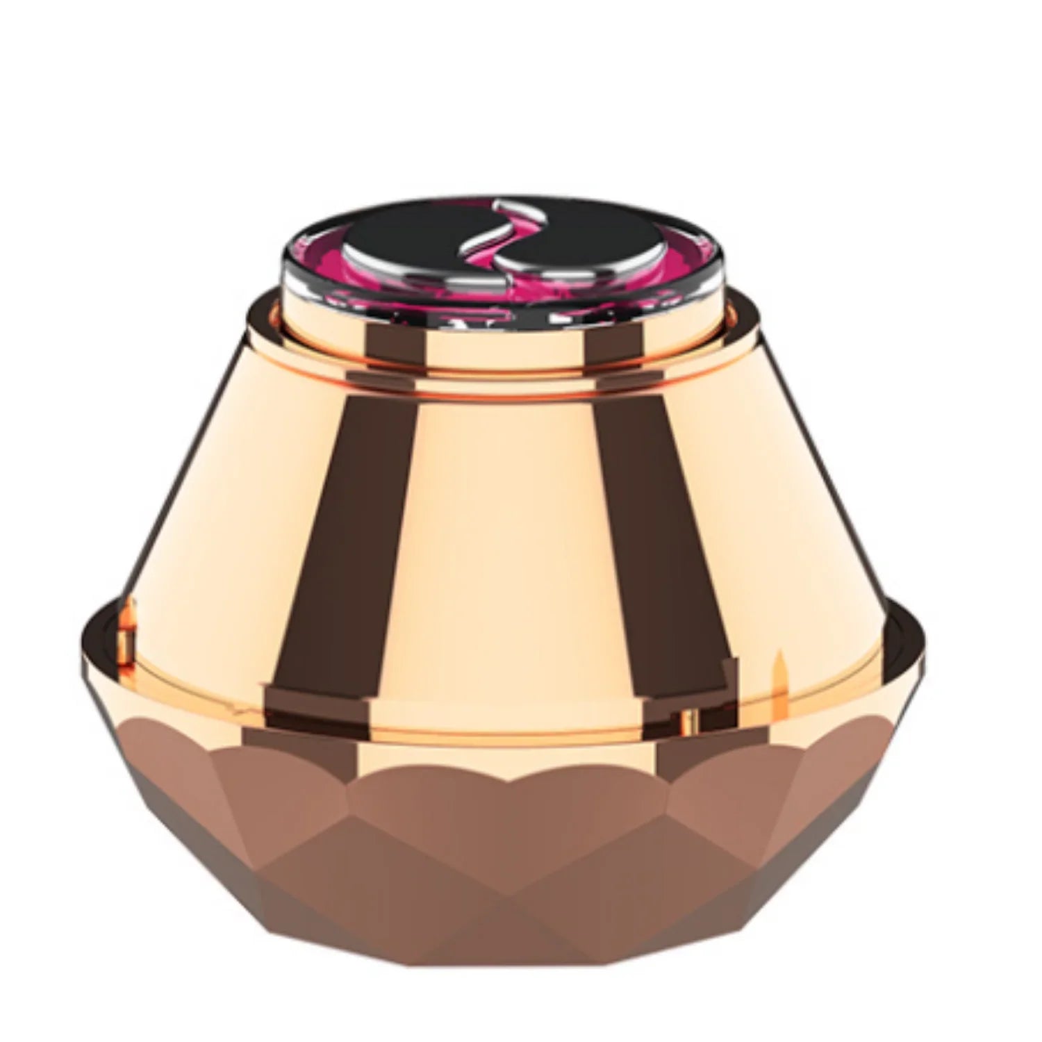 Rose gold diamond-shaped cosmetic jar with faceted design and glossy black lid