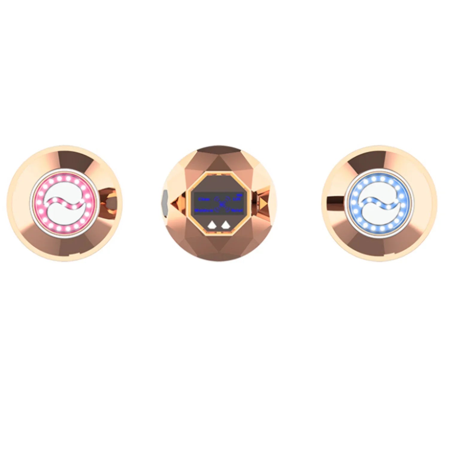 Three rose gold facial device heads with LED lights and a digital display, for skincare routines.